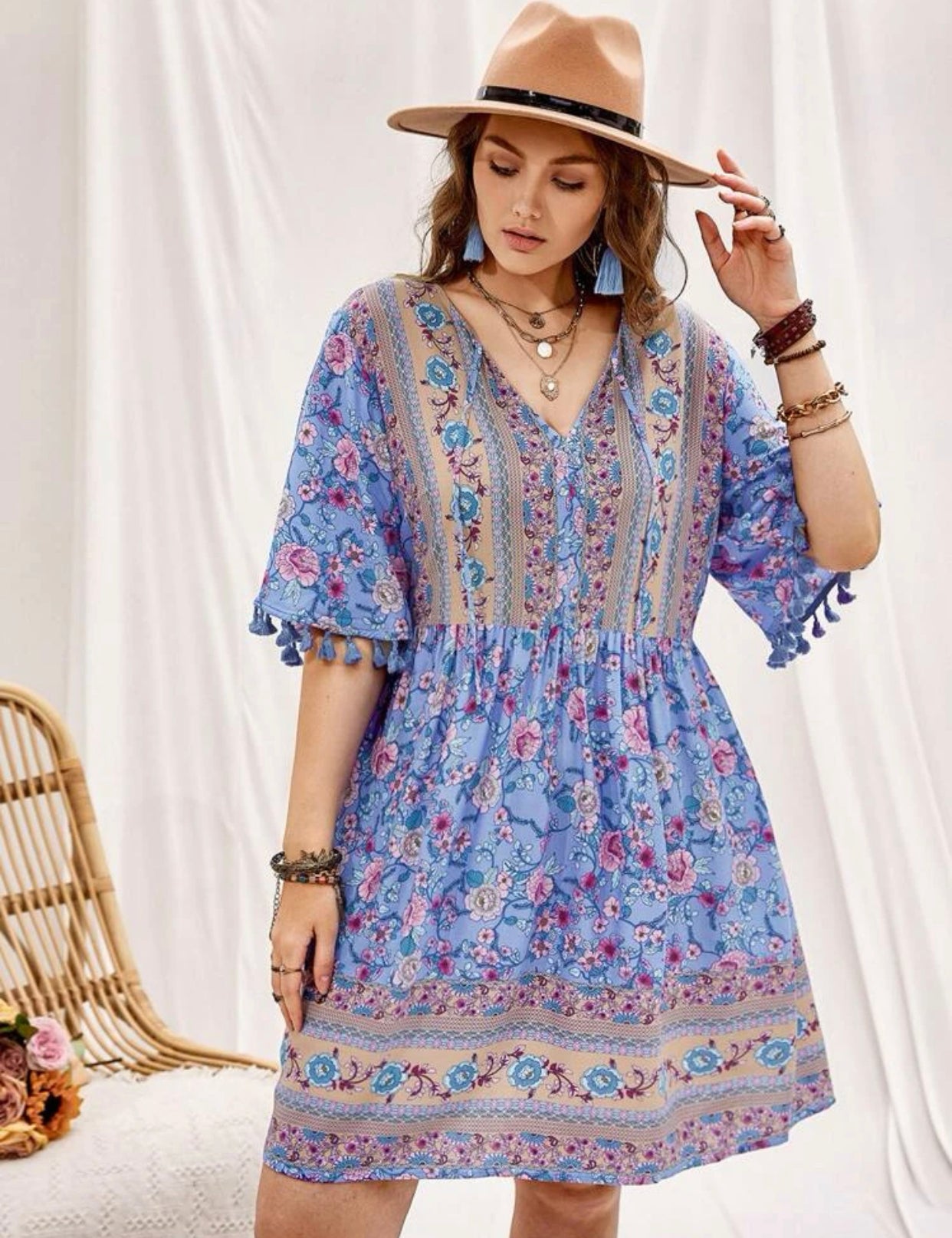 Plus floral print tie front tassel trim dress