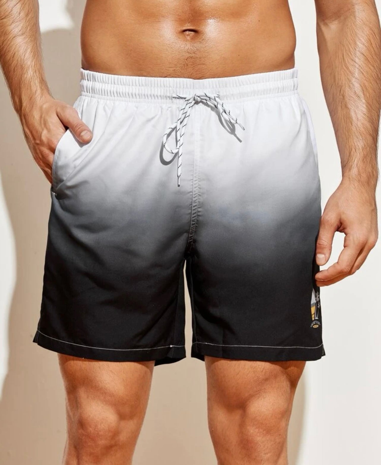 Men Ombre Palm Tree & Letter Graphic Drawstring Waist Swim Trunks