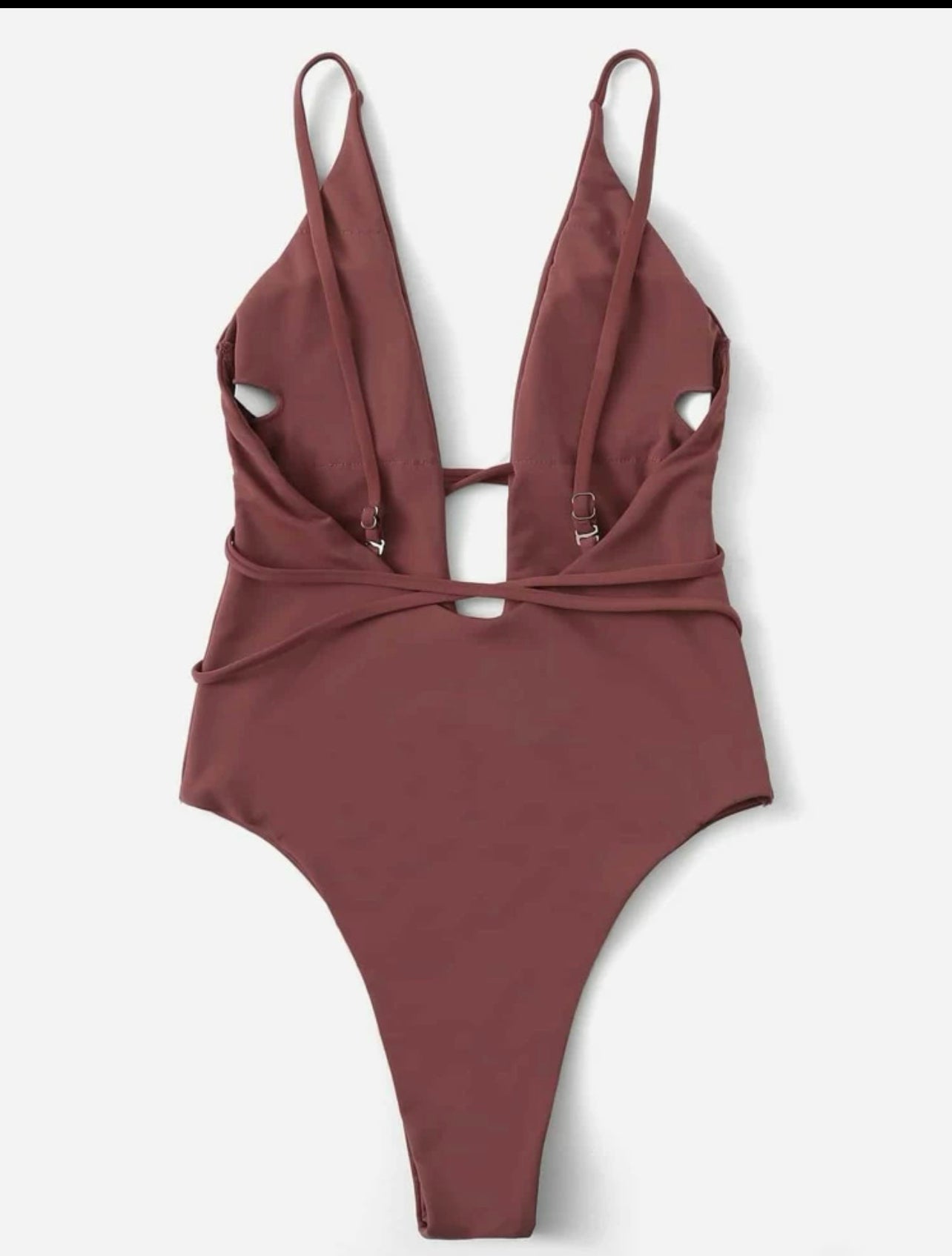 Plunging belted low back one piece swimsuit