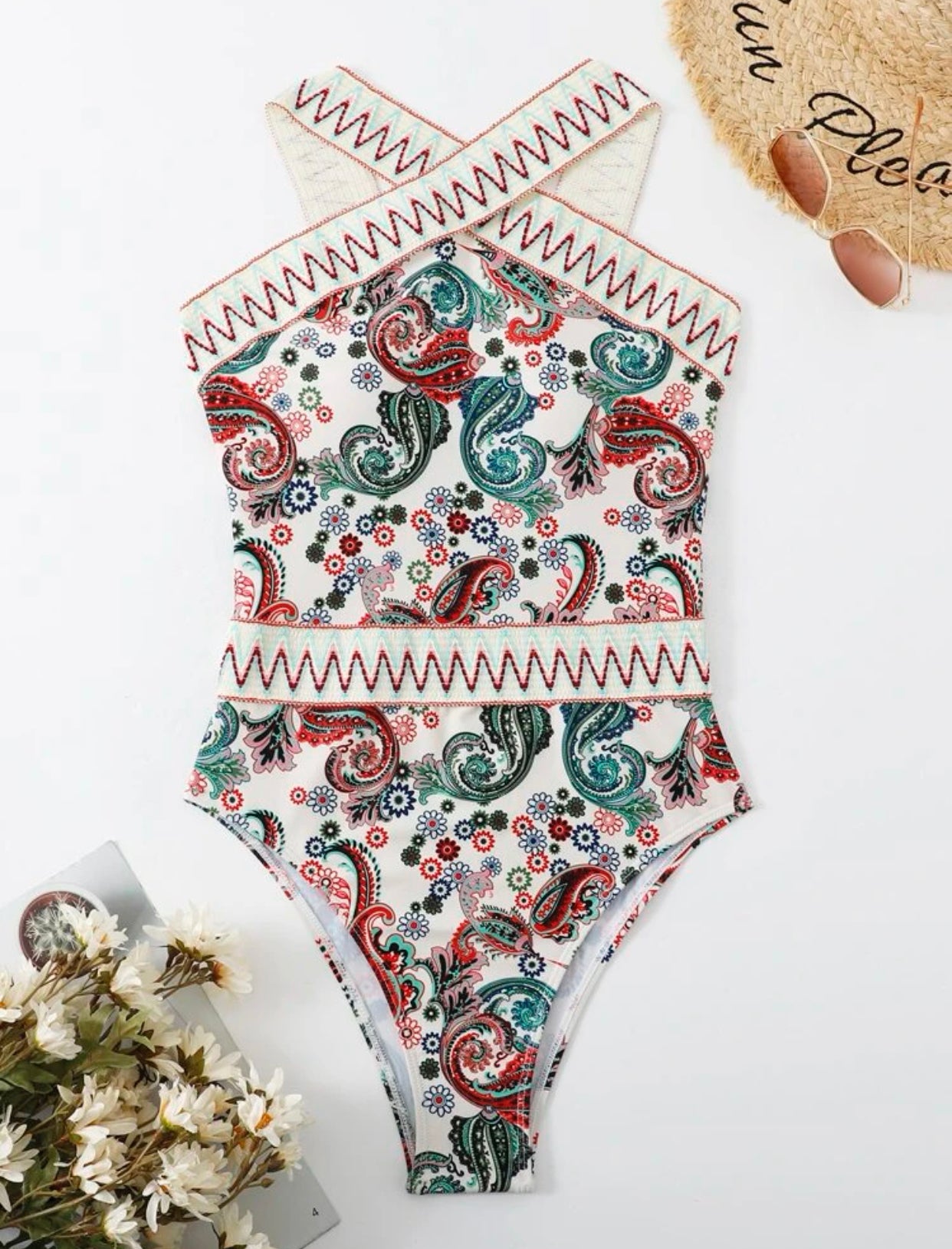 Paisley chevron stripe tape high neck one piece swimsuit