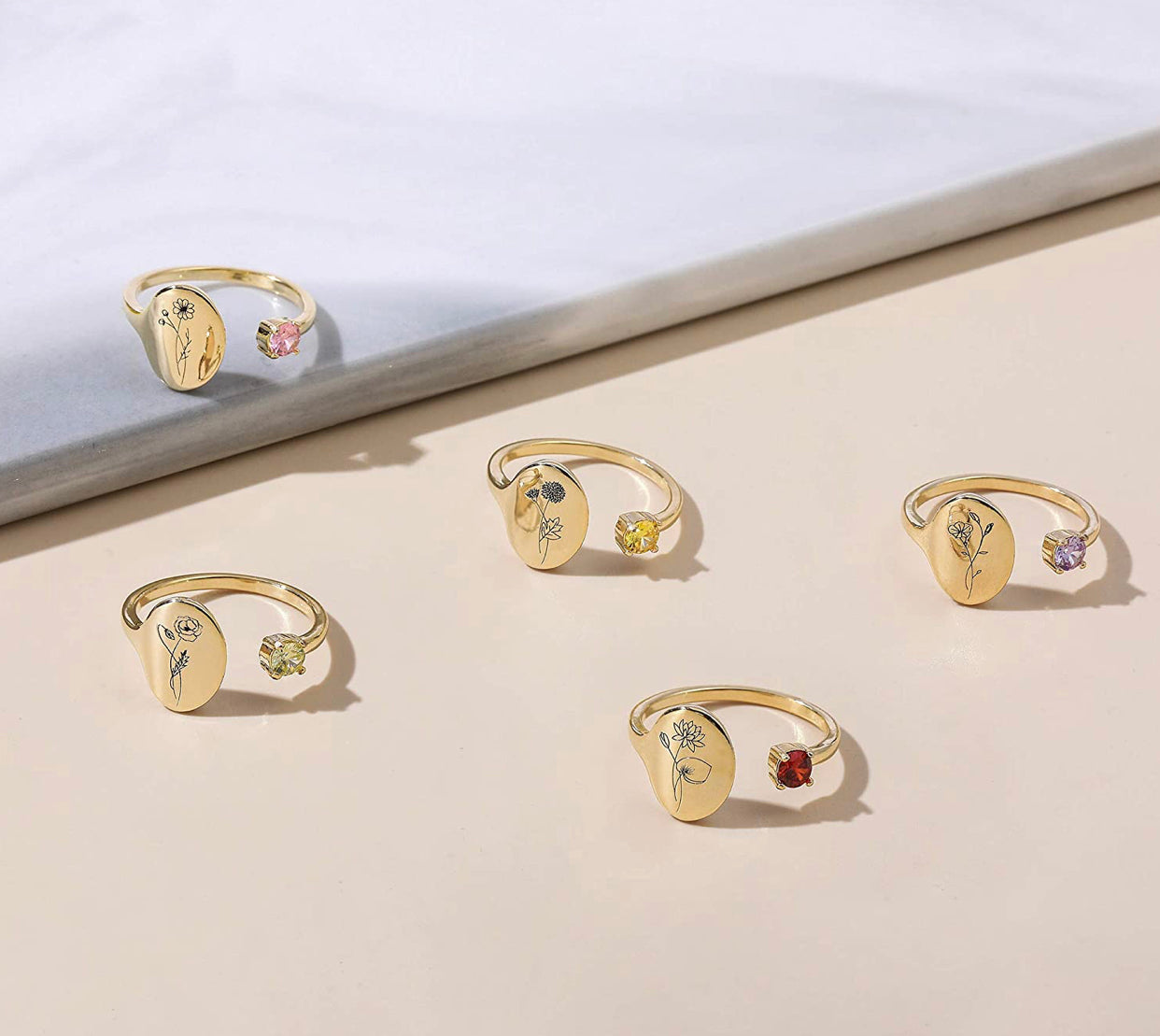 Handmade Birth Month Flower Signet 14K Gold Plated Ring Birth Stone Ring