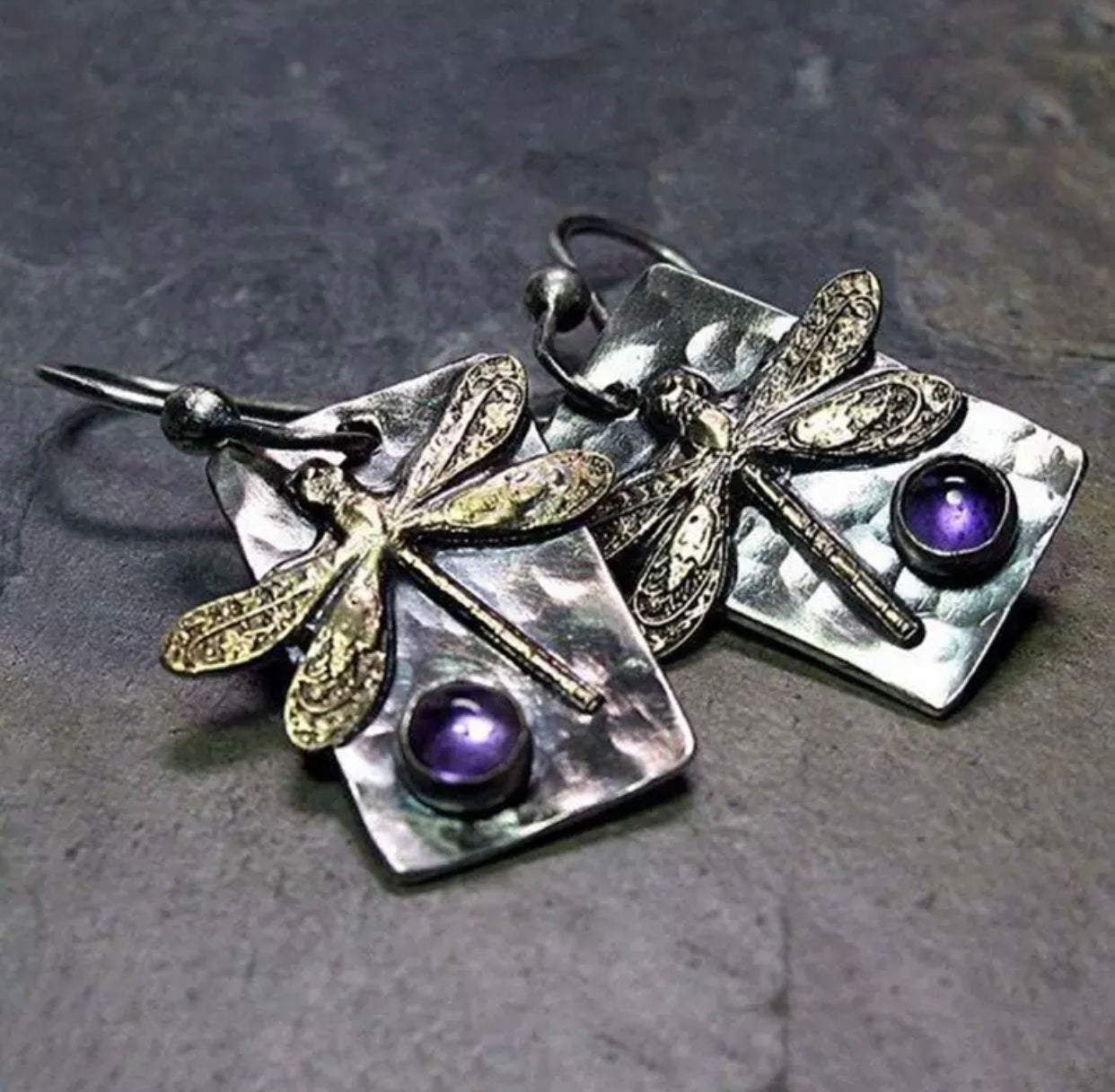 Purple Stone Retro Dragonfly Earrings Vintage Antique Bohemian Ethnic Wind Dragonfly Pattern Ladies Earring Holiday Jewelry Gift