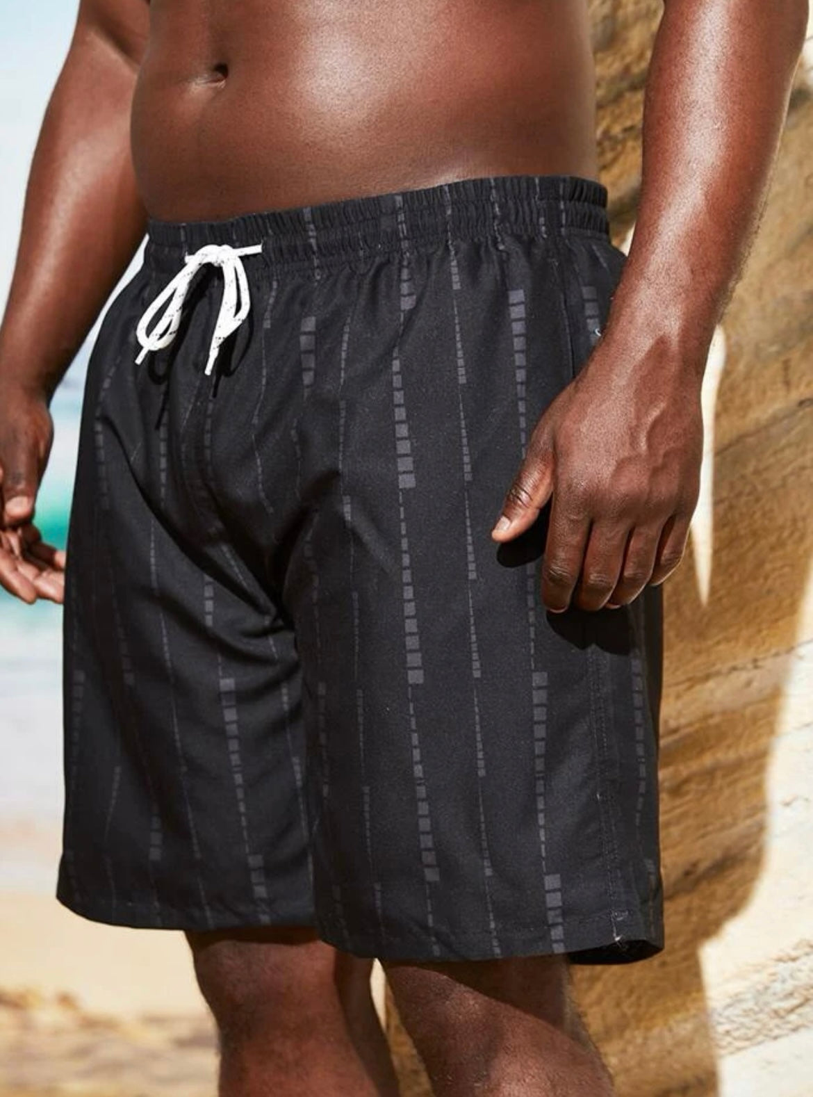 Extended sizes men geo print drawstring waist swim trunks