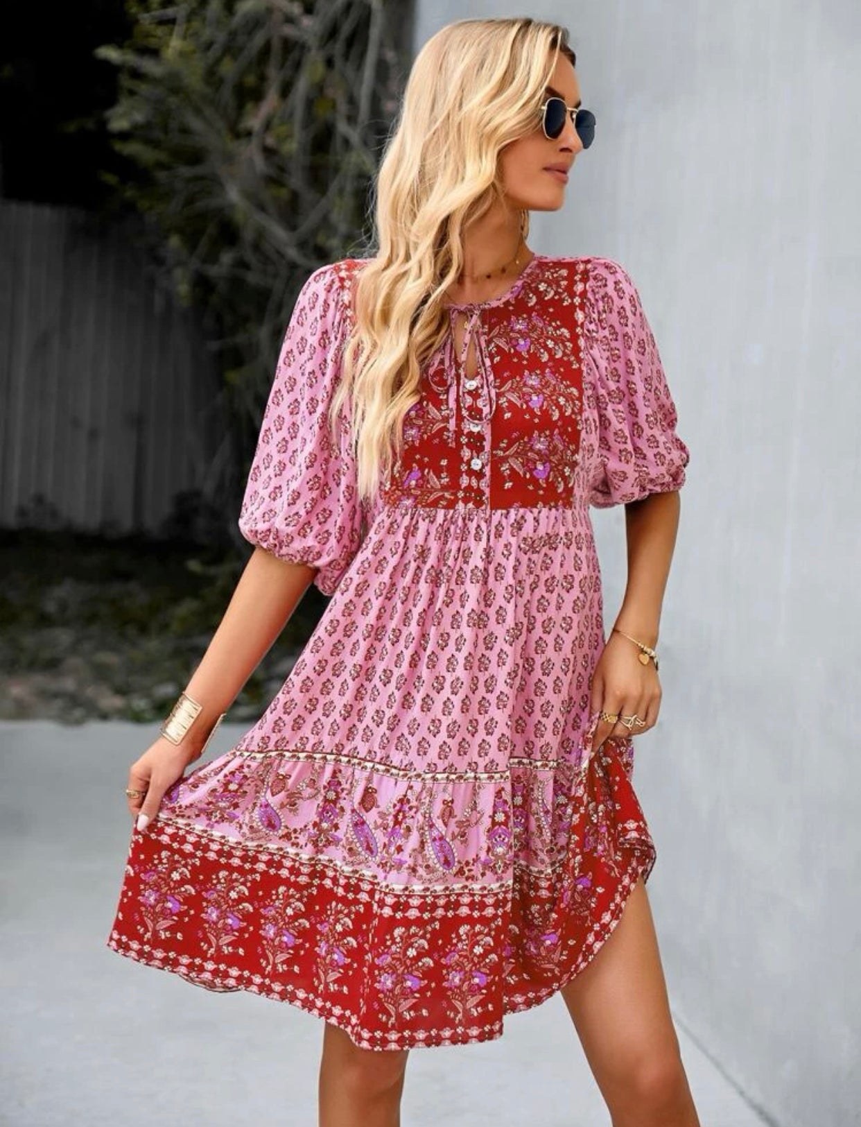 Paisley & floral print tie neck ruffle hem dress