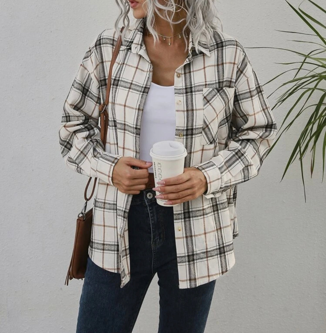 Plaid patched pocket drop shoulder coat