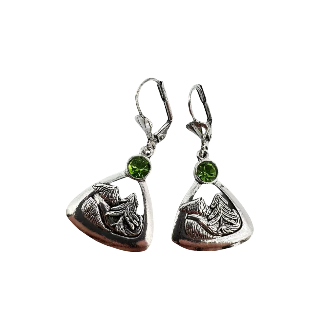 Mountain peak illustration earring With Green Tourmaline, Silver color, Leverback dangle