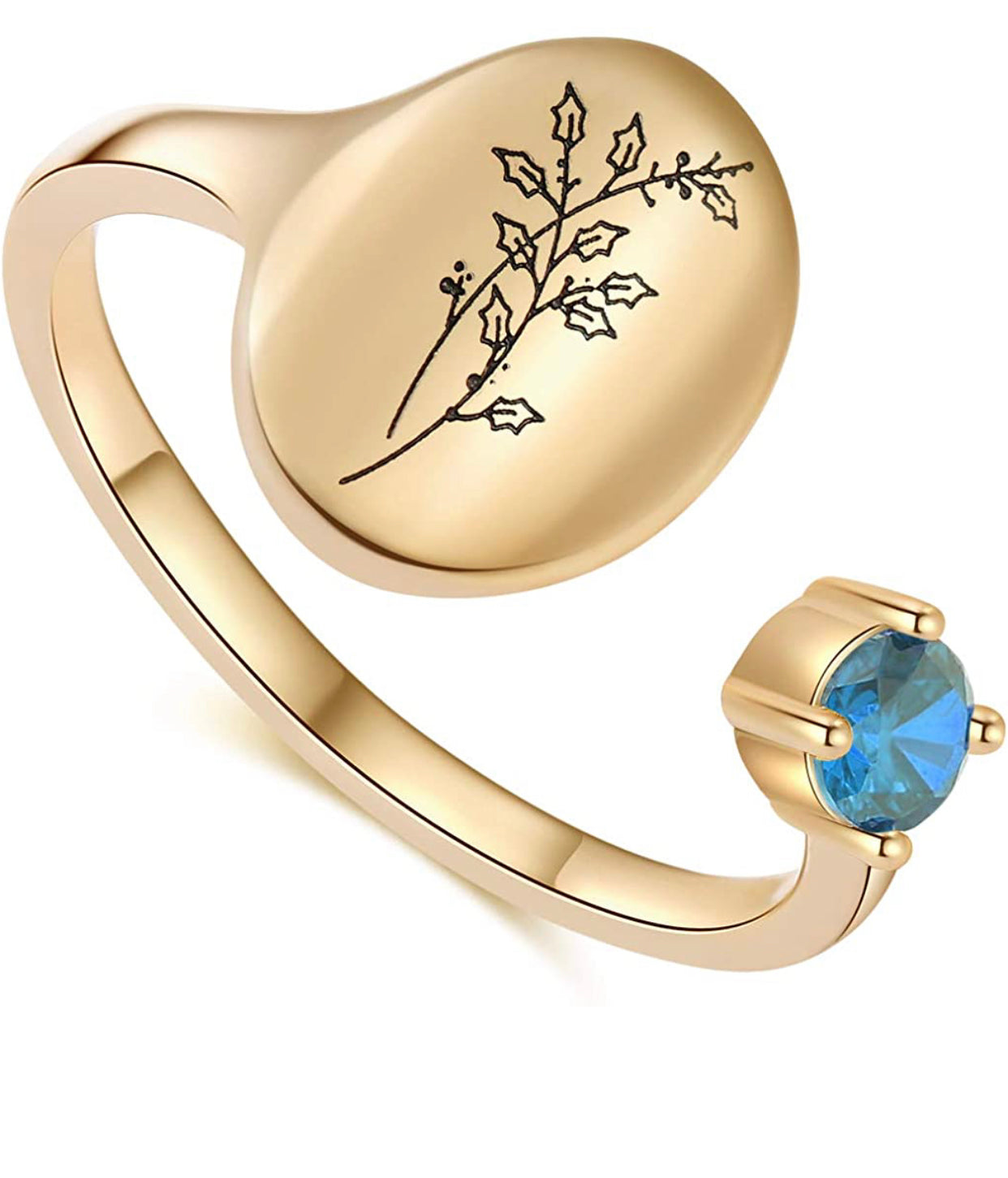 Handmade Birth Month Flower Signet 14K Gold Plated Ring Birth Stone Ring
