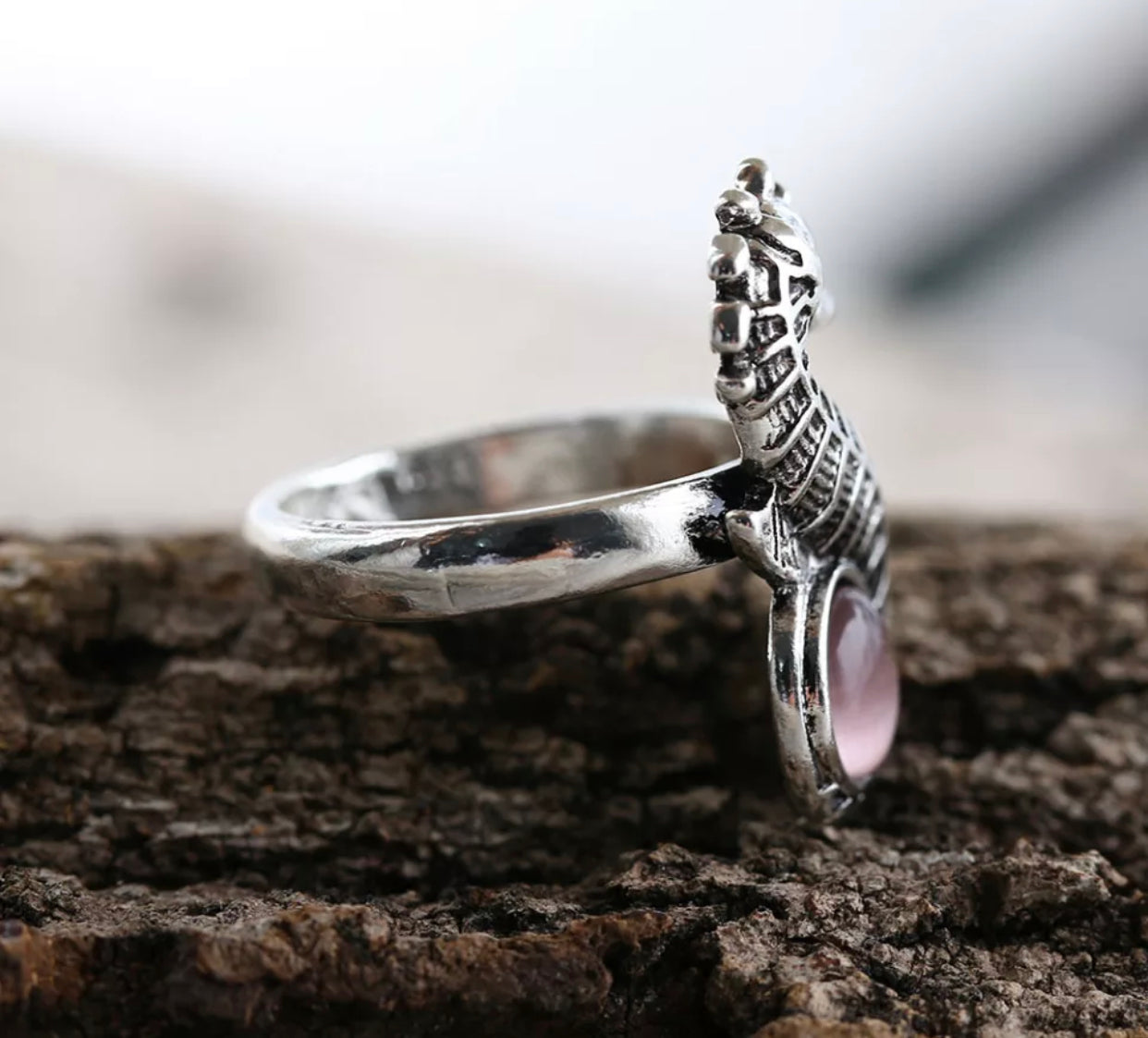 Novel Seahorse Ring Inlaid Pink Gem ring. Size 8.