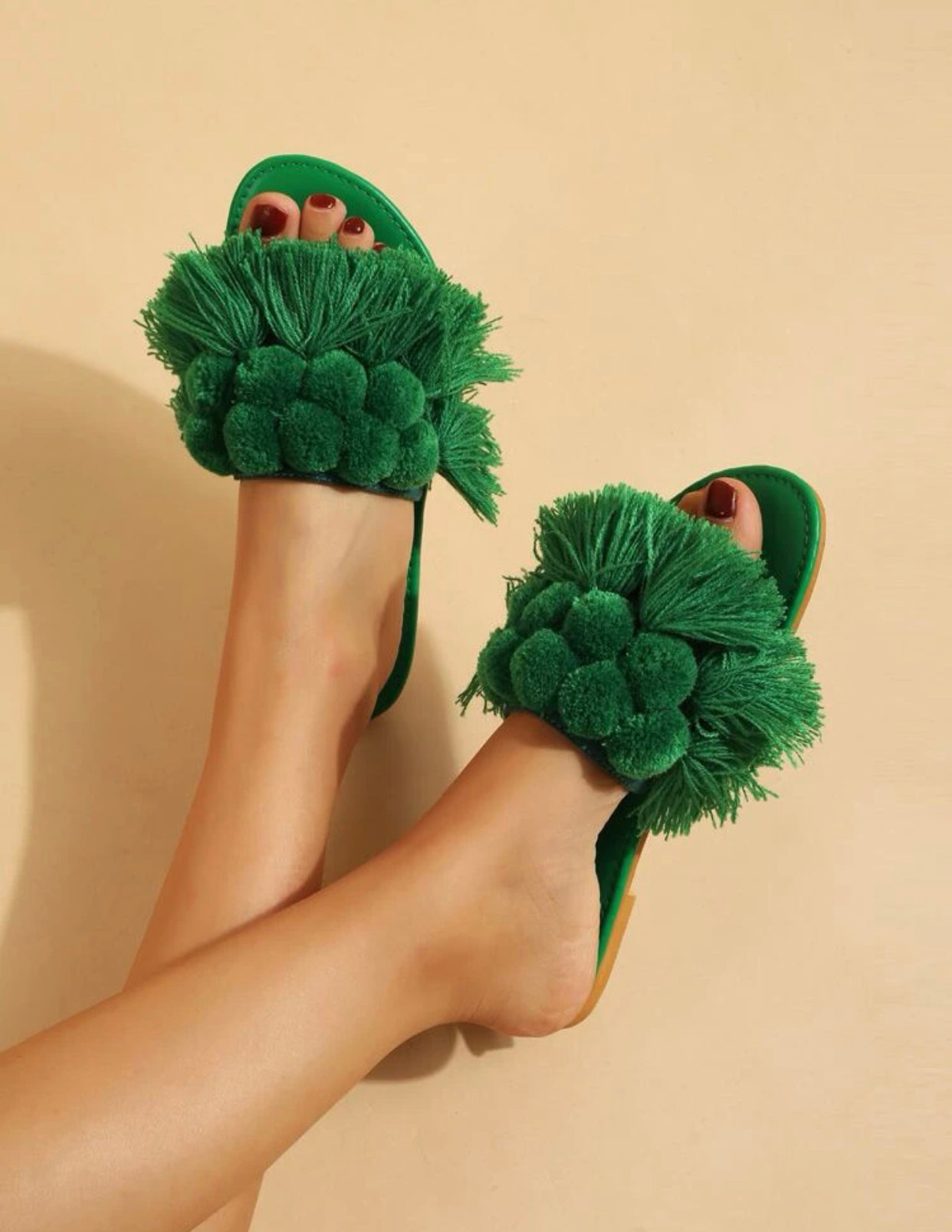 Green tassel & Pom Pom decor slide sandals
