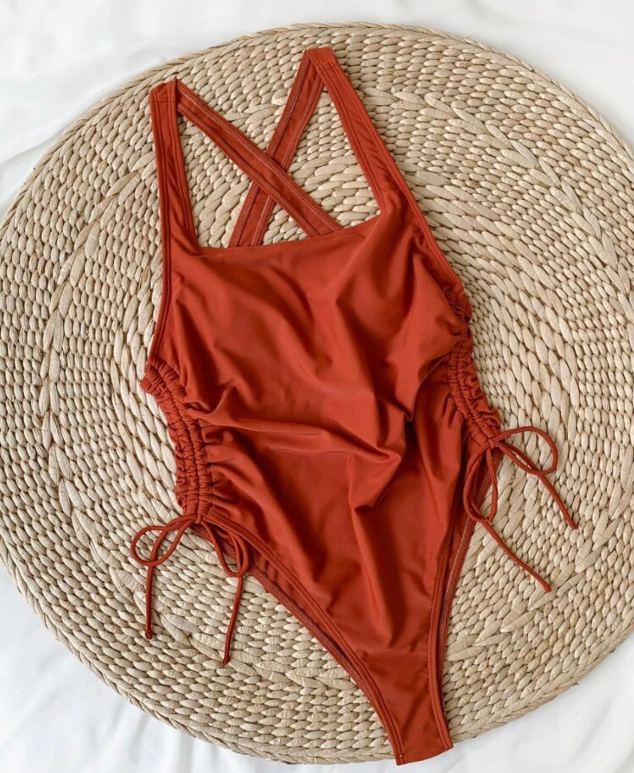 Criss cross drawstring one piece swimsuit