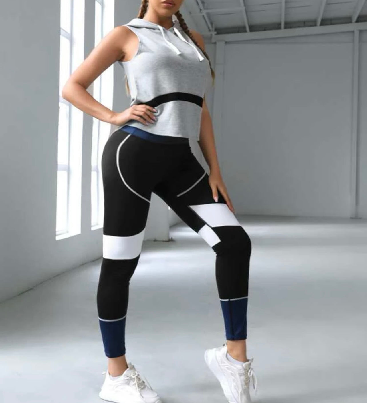 Color block drawstring hooded sports set