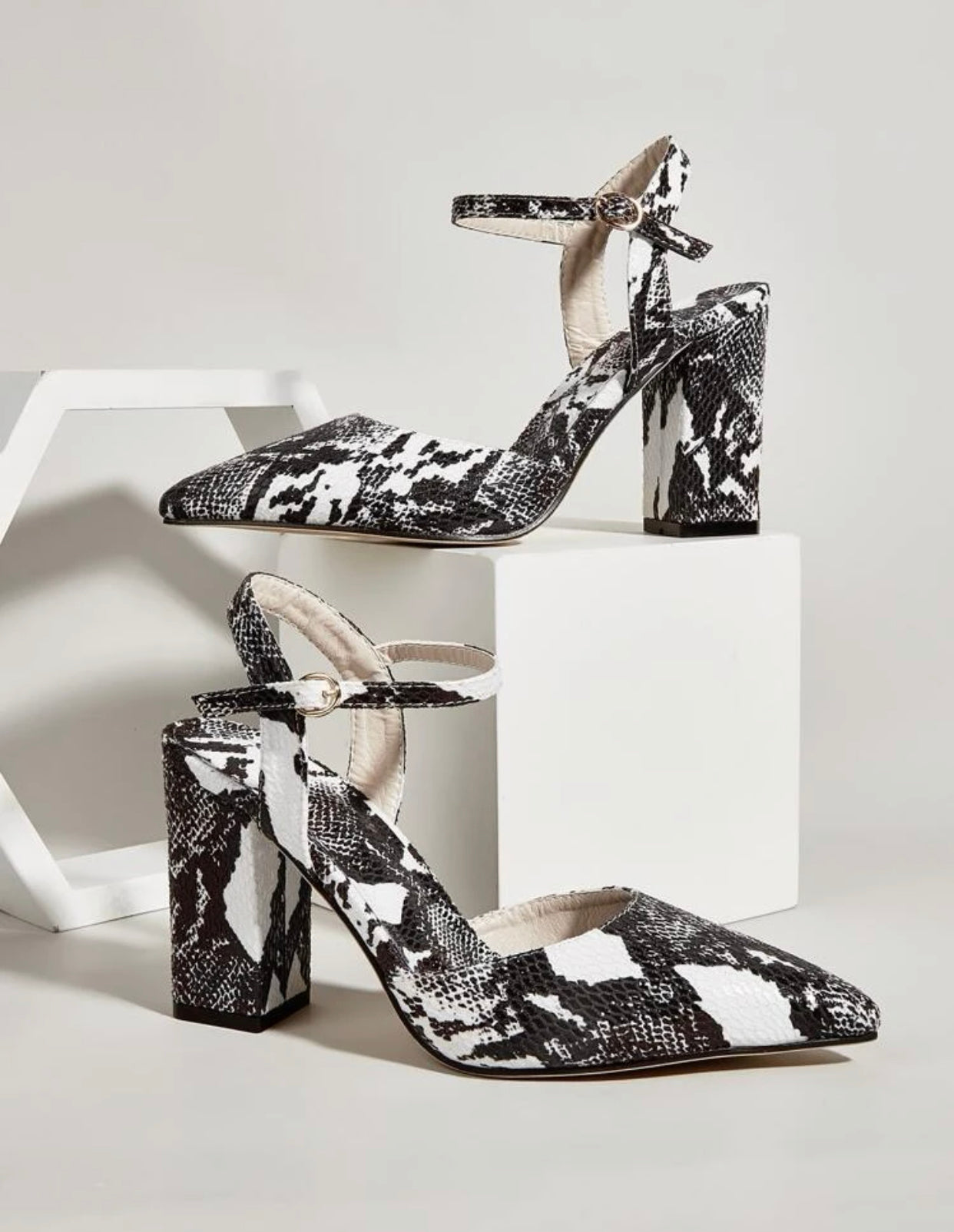 Snakeskin embossed point toe chunky heel ankle strap pumps