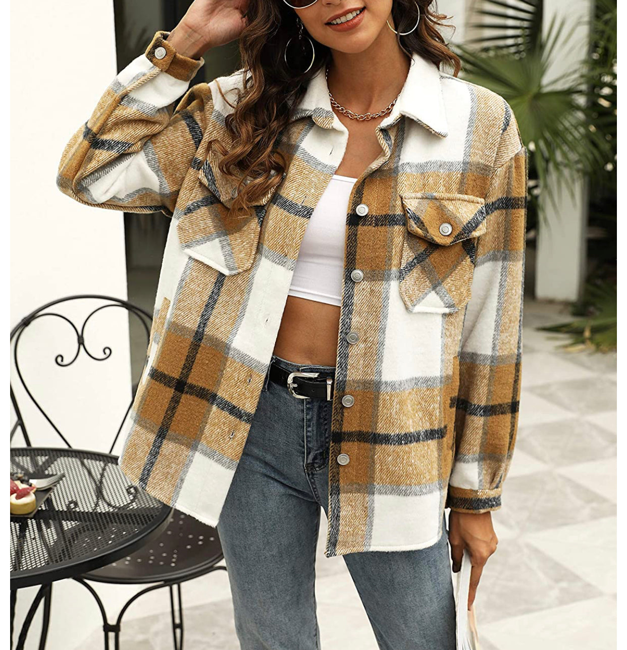 Womens Plaid Shacket Button Down Wool Blend Fall Flannel Shirt Jacket