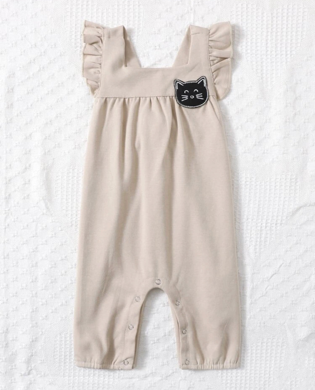 Khaki colored baby girl cartoon patched ruffle trim jumpsuit - Christina’s unique boutique LLC