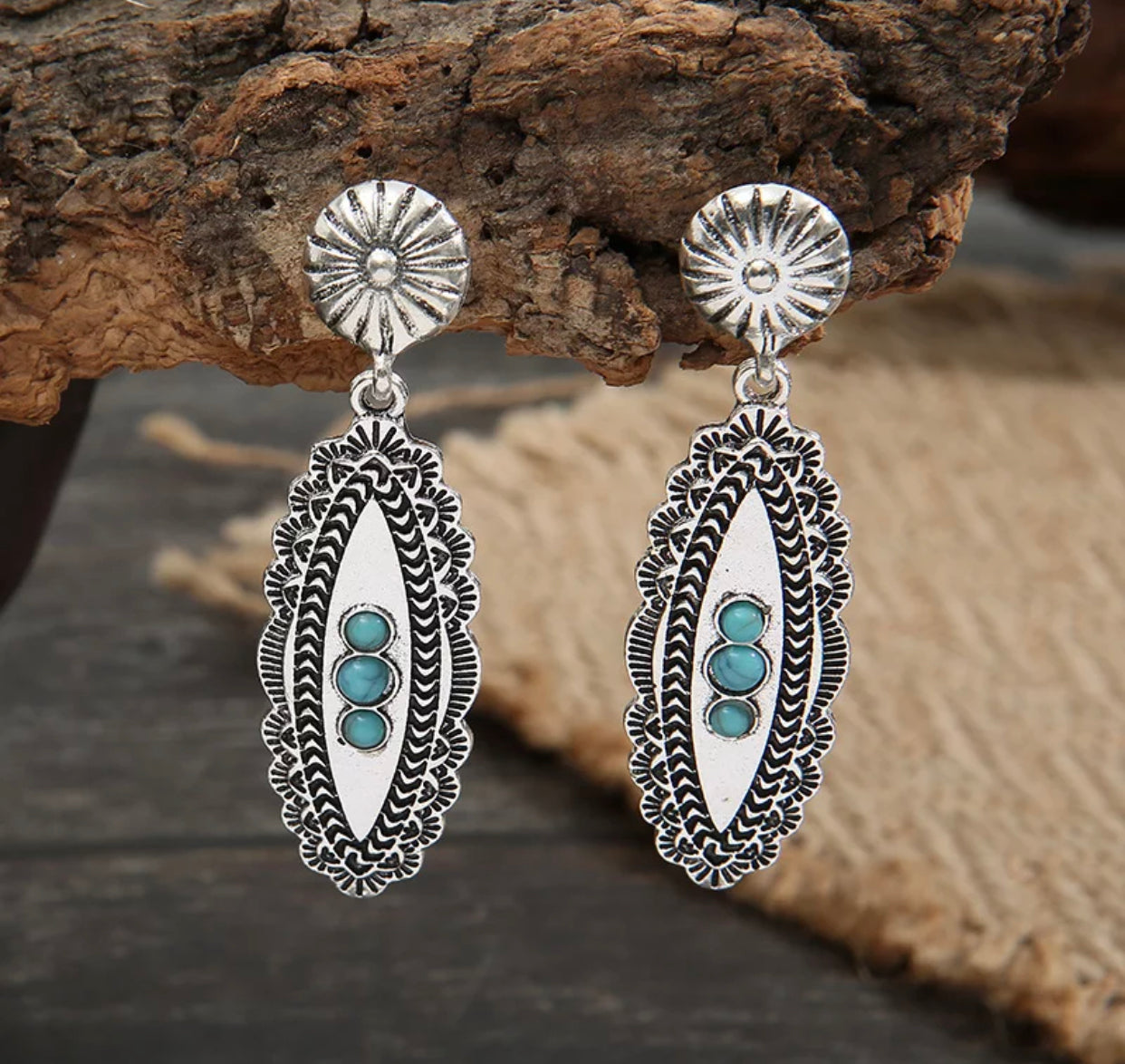 Carved metal turquoise decor drop earrings