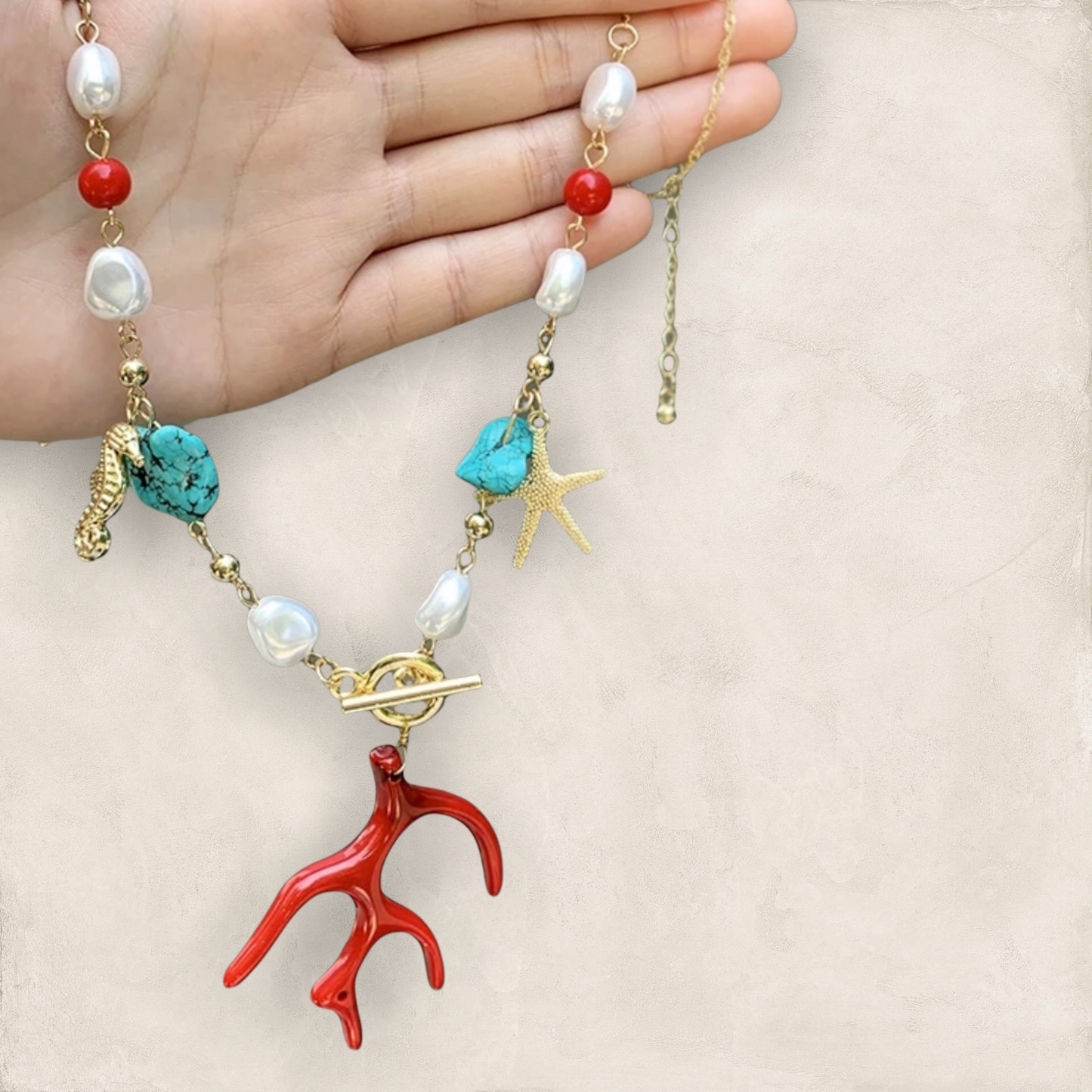 Stunning and unique coral, pearl and starfish pendant necklace