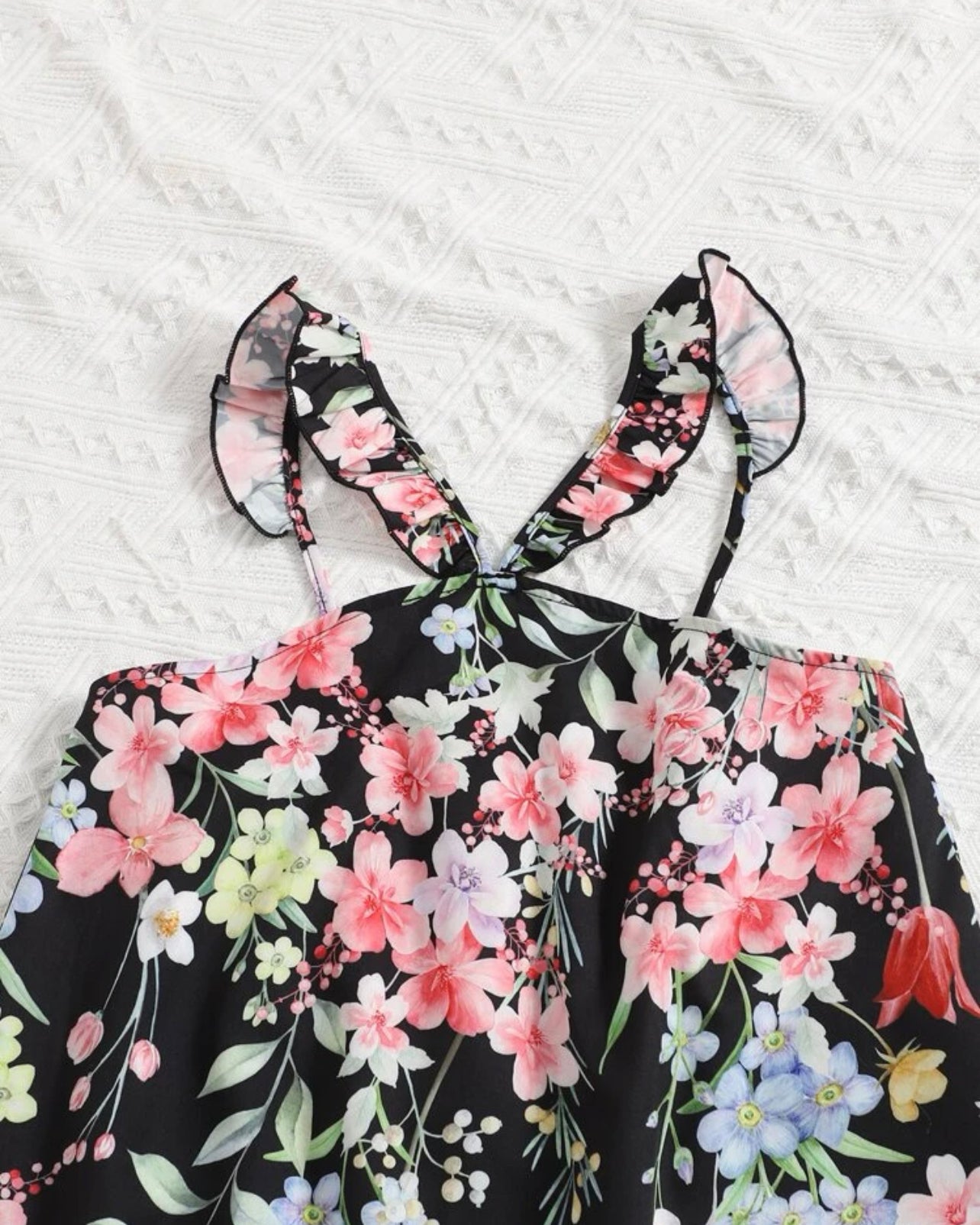 Teen Girls Floral Print Ruffle Trim Dress