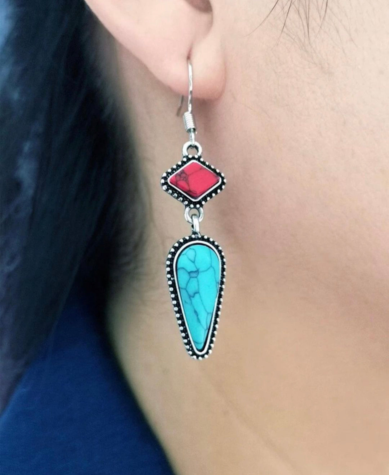 Stylish and sophisticated turquoise and coral inspired silver dangle earrings