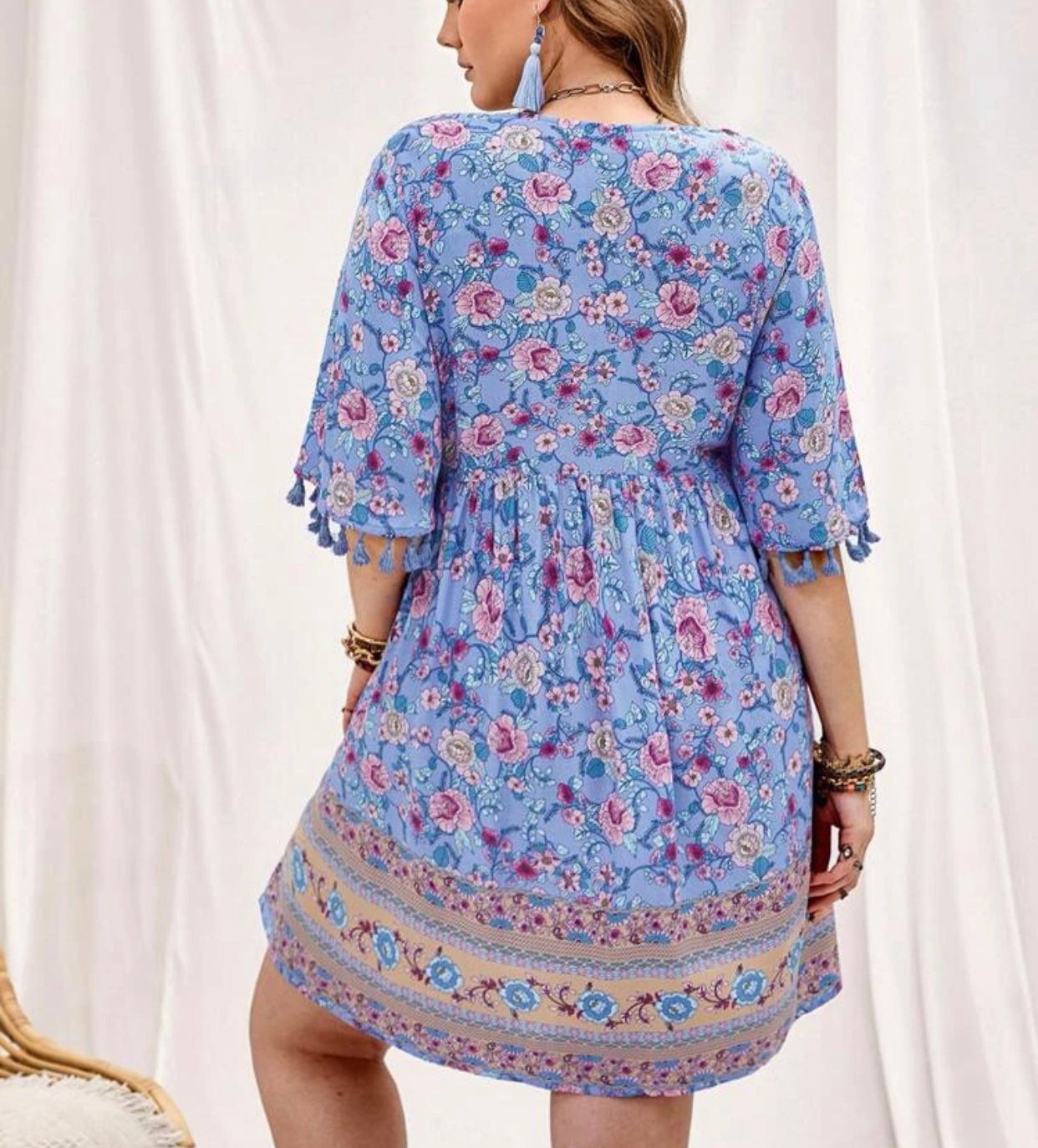 Plus floral print tie front tassel trim dress