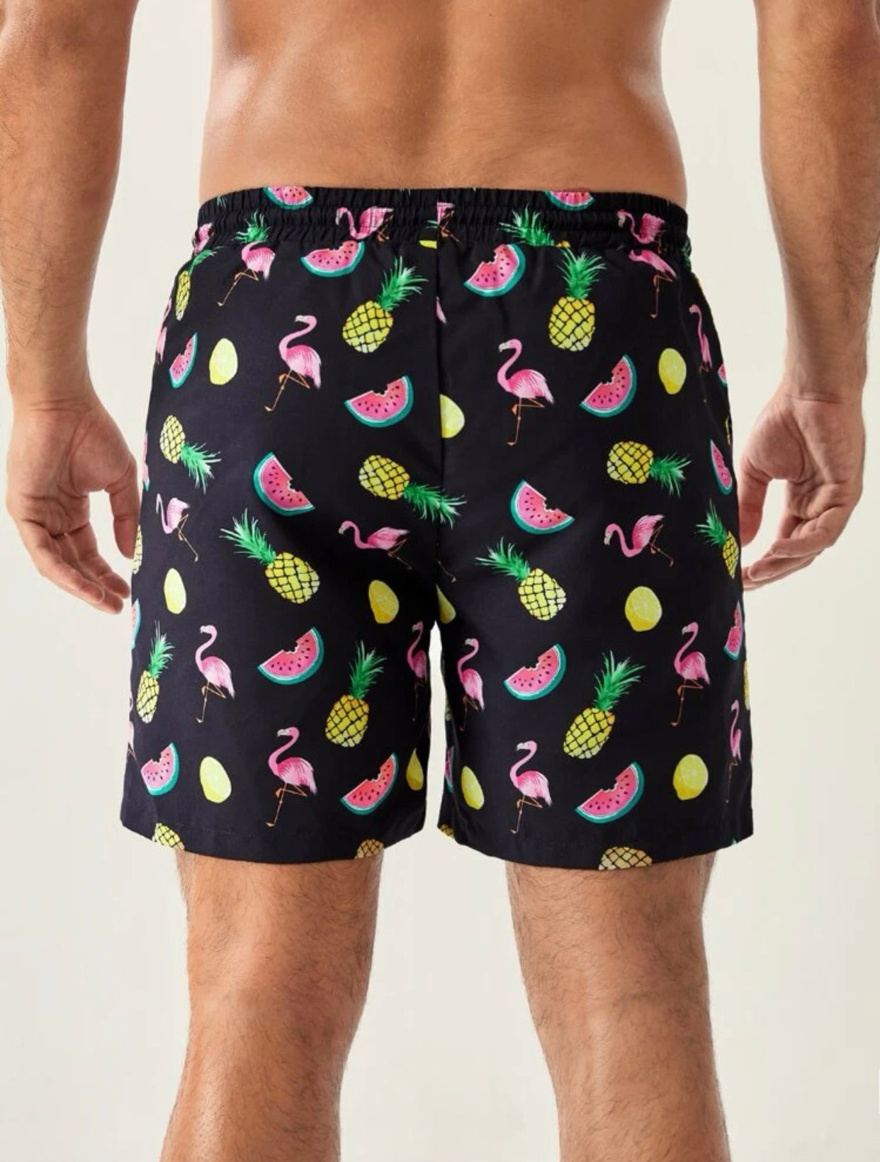 Men’s random fruit & flamingo print drawstring waist swim shorts