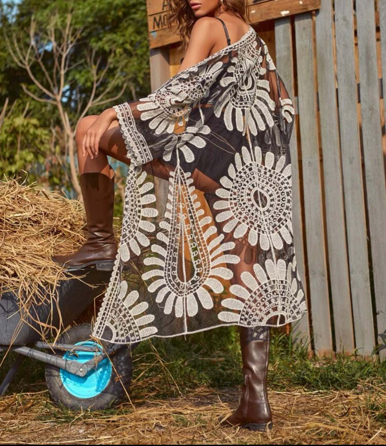 Embroidered mesh tie front longline kimono