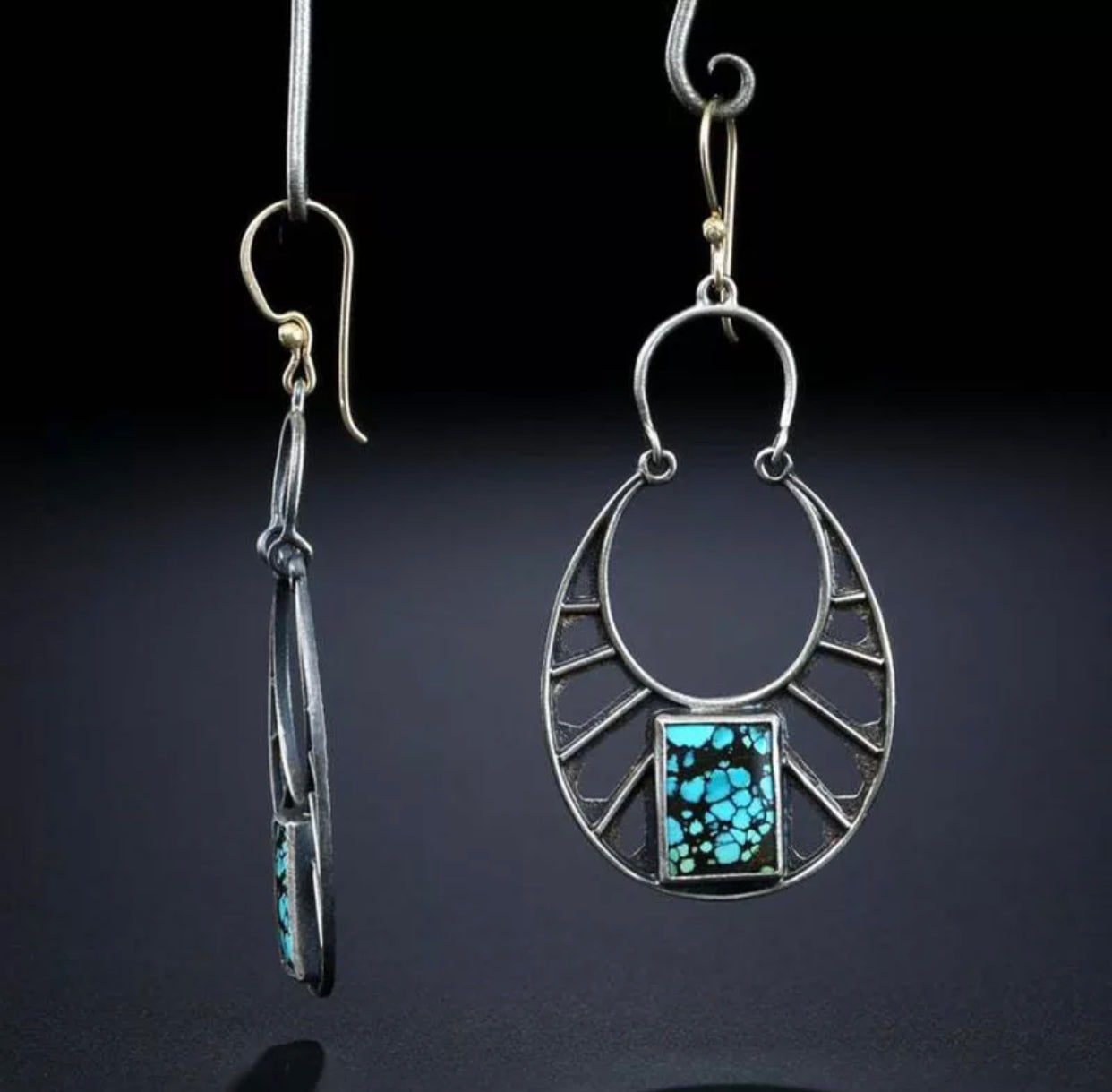 Bohemian hollow out square blue stone dangle earrings