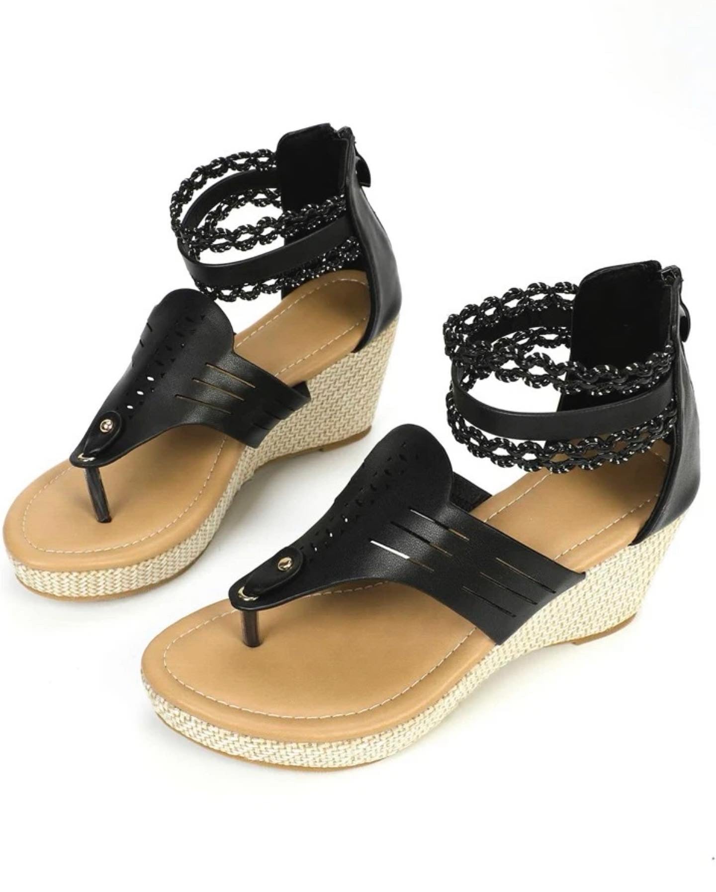 Hollow out zipper back espadrille thong wedge sandals