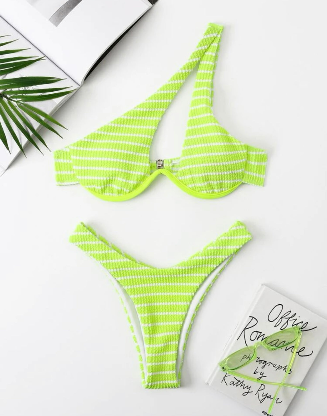 Striped one shoulder underwire high cut bikini swimsuit