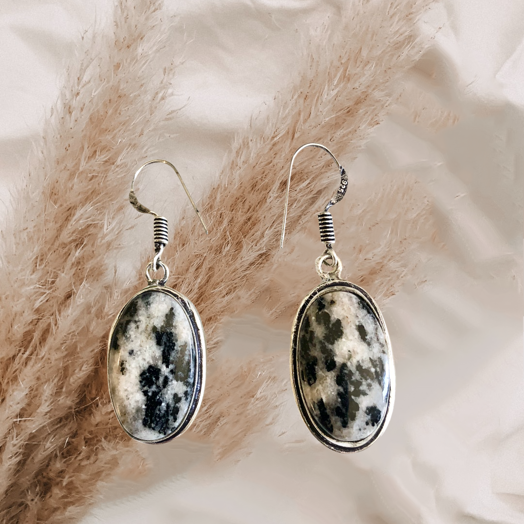 Genuine honey dendrite Opal silver overlay dangle earrings
