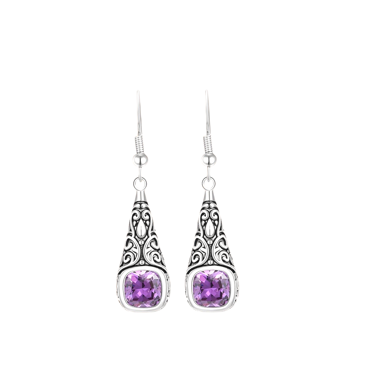 Princess cut purple CZ dangle earrings