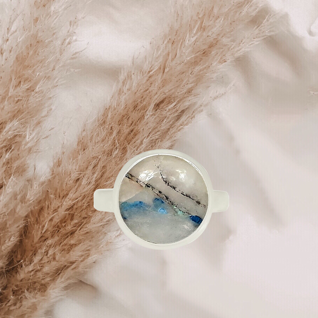 Lightning Azurite With Quartz 925 Sterling Silver Ring. Size 9.