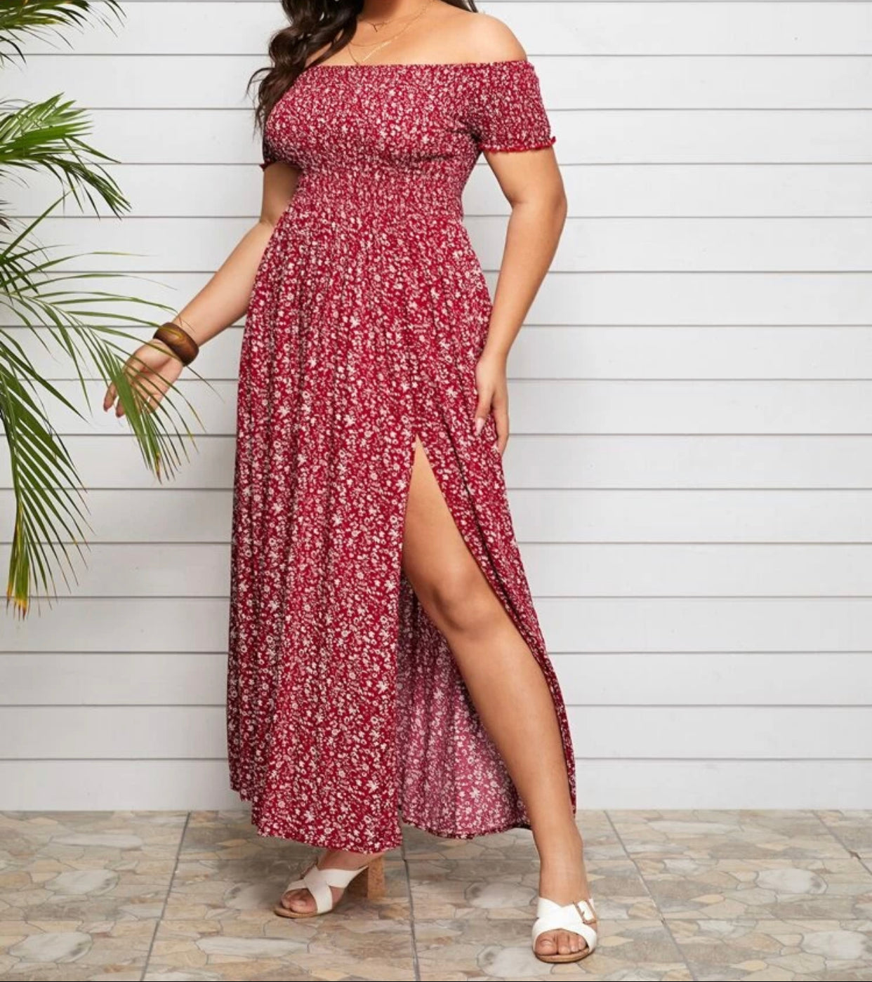 Curve and plus off shoulder split floral dress