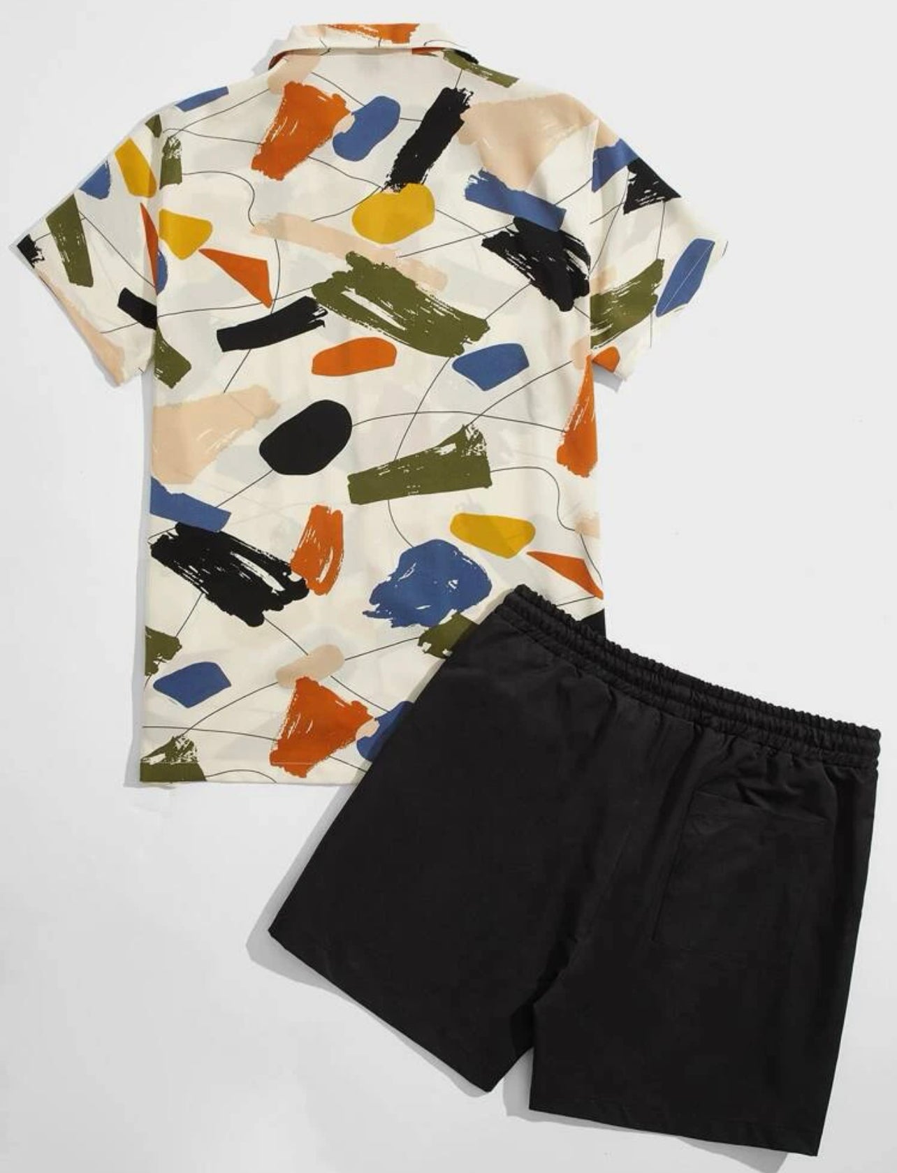 Men Lapel Collar Brush Stroke Print Shirt & Shorts Set