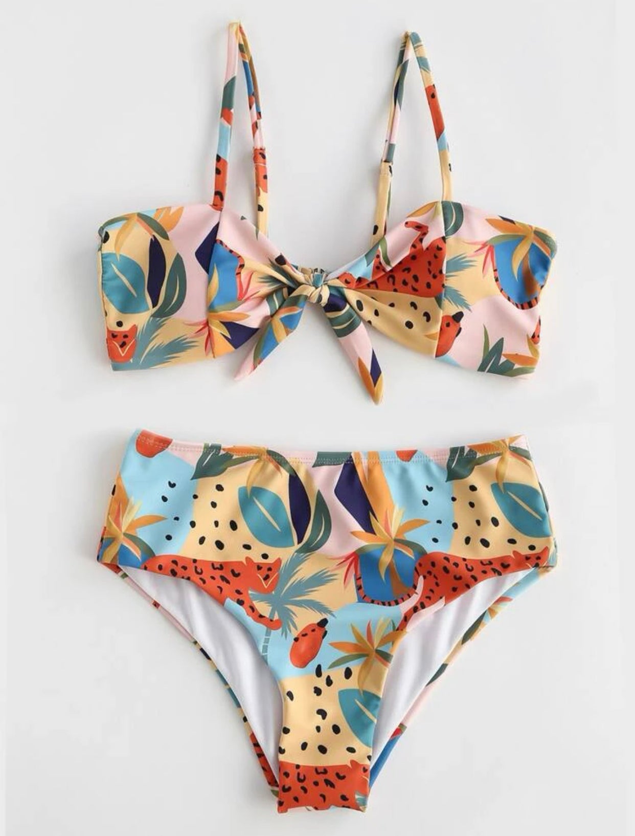 Plant & animal print knot front bikini swimsuit