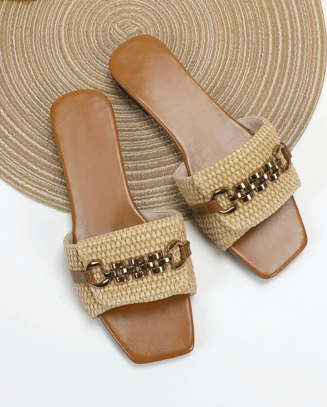 Chain decor braided detail slide sandals