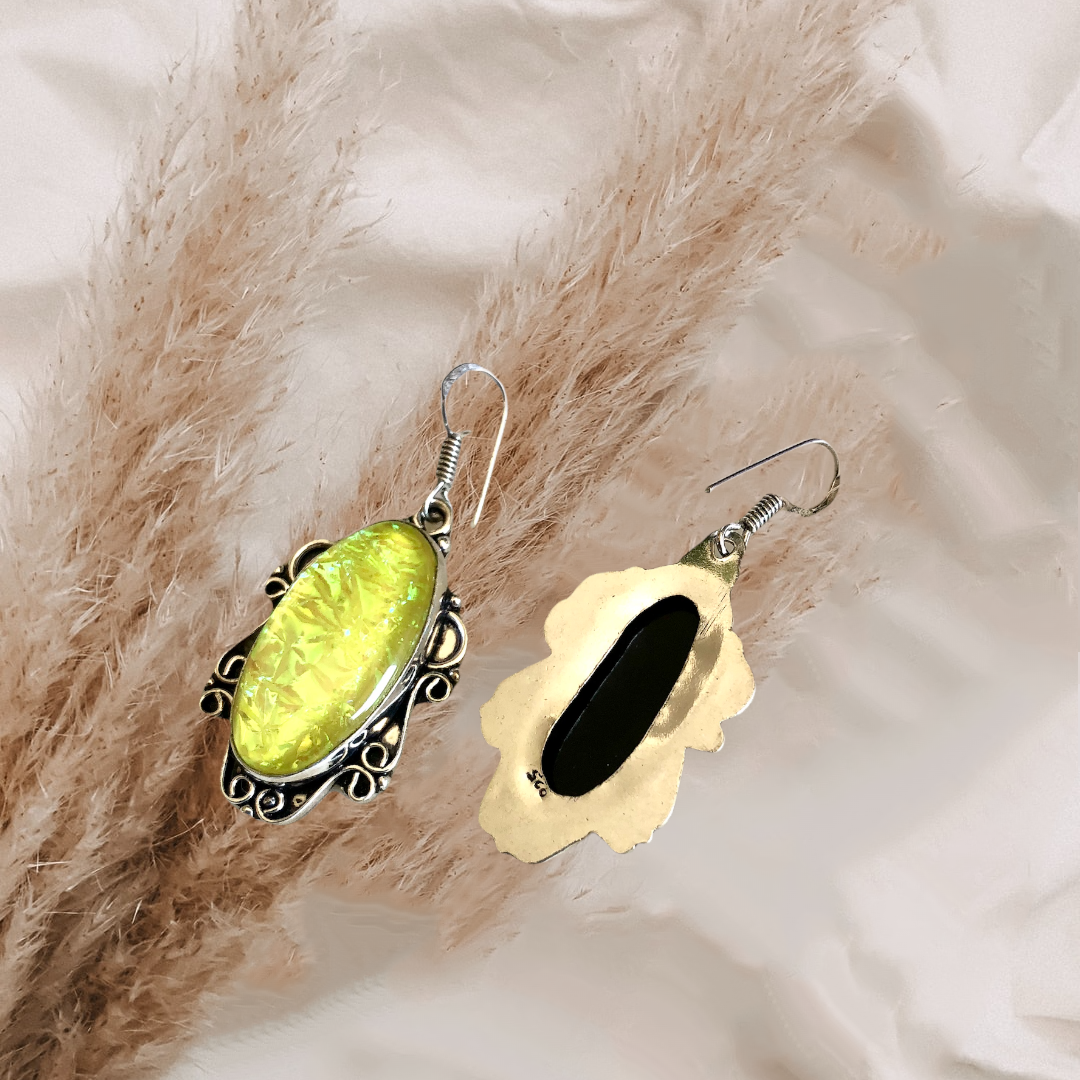 Natural dichroic glass, .925 sterling silver earrings. 55mm.