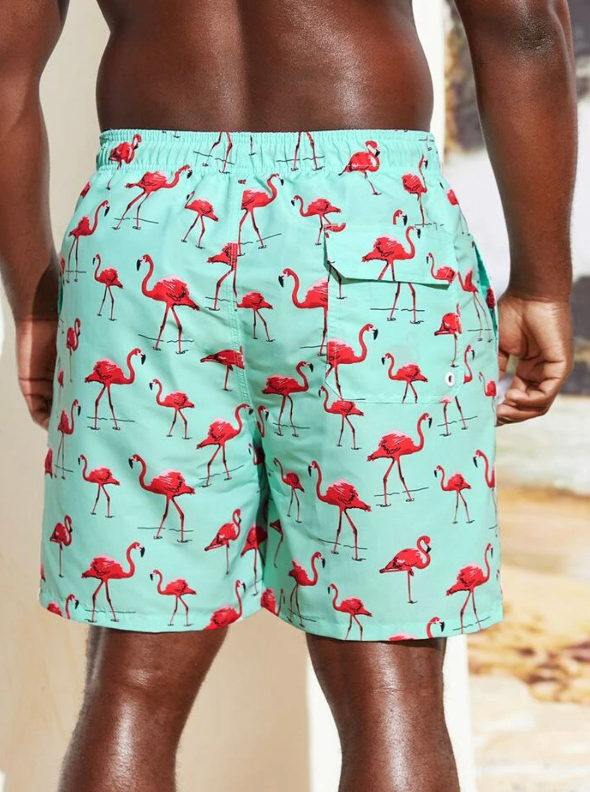 Extended sizes men flamingo print drawstring waist swim trunks