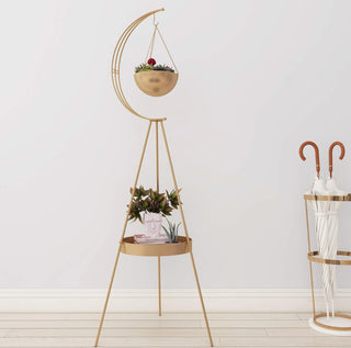 Metal Plant Stand, 2 Tier Plant Holder with Hanging Planters for Indoor Outdoor