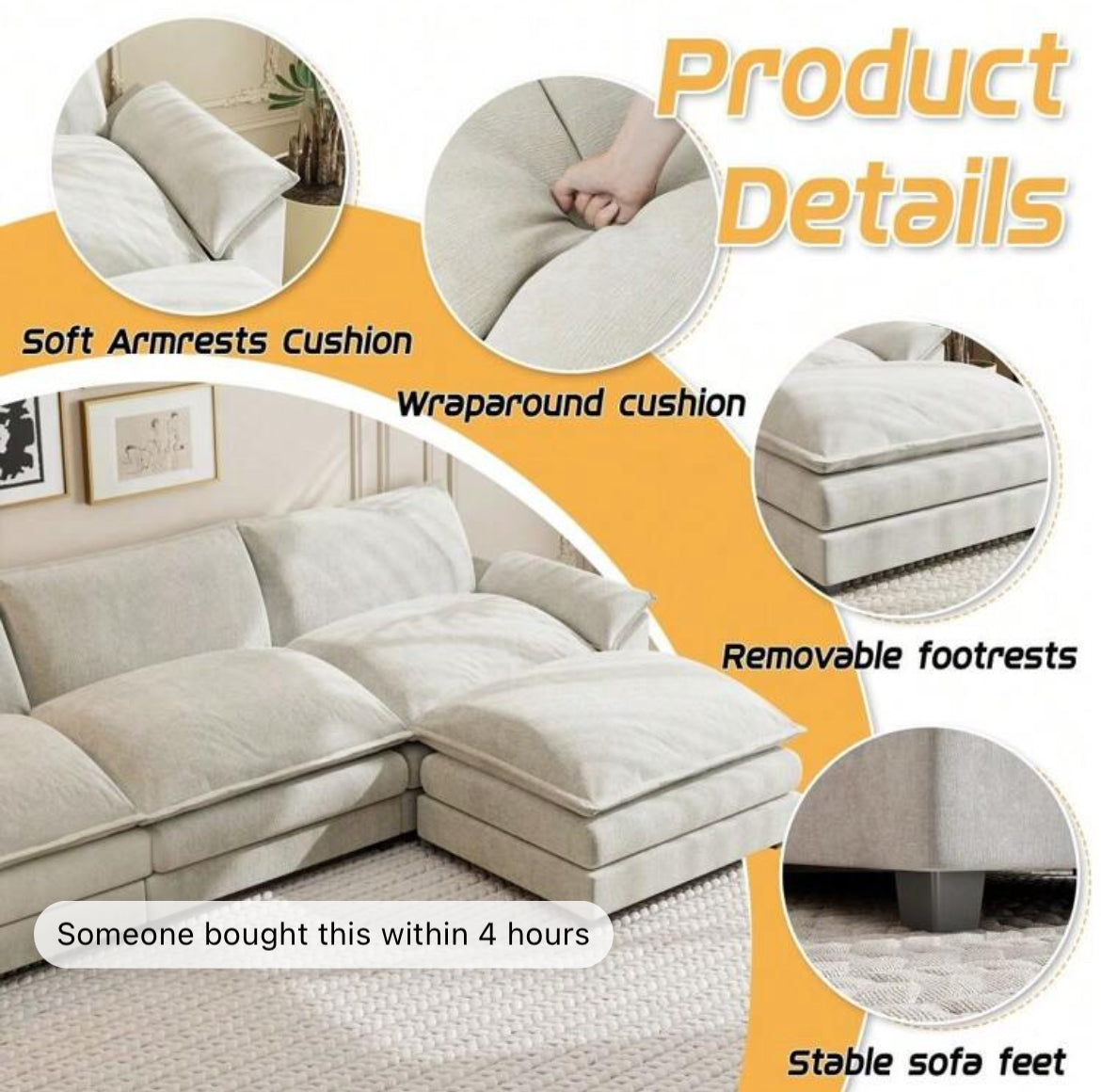 Sectional Sofa 3-Seat Movable Footrest Sofa L-Shaped Sofa With Reversible Toffee Chair