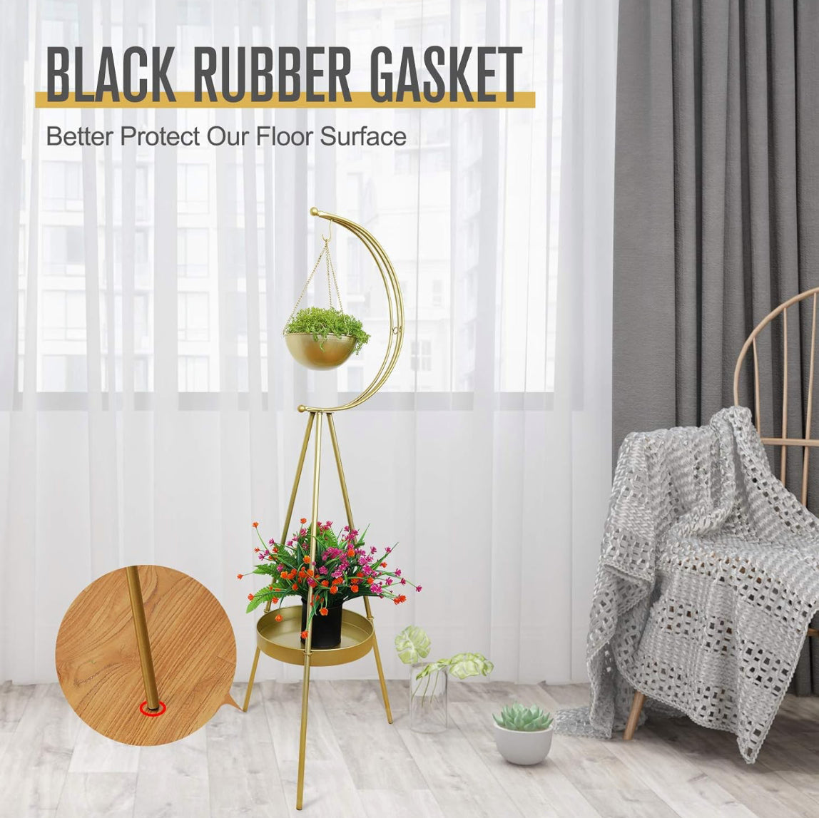 Metal Plant Stand, 2 Tier Plant Holder with Hanging Planters for Indoor Outdoor