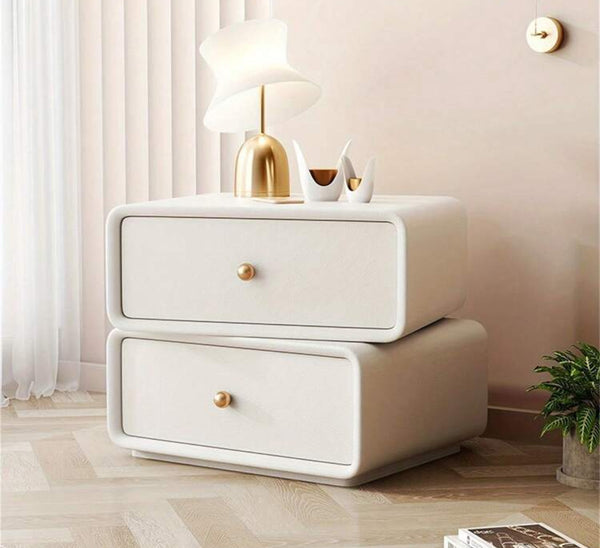 Cream Style Sugar All Solid Wood Bedside Table, Light Luxury Leather Rotatable Storage Cabinet, Modern And Simple Bedroom Rounded Light Luxury Leather Bedside Table