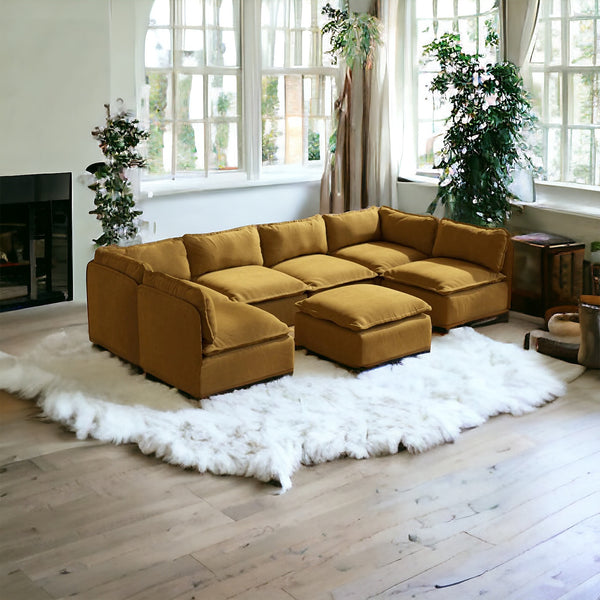 Modular Performance 6-Seater Open-Ends U-Sectional + Ottoman | Luxury Velvet in Toffee