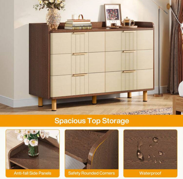 Tribesigns 6-Drawer Double Dresser, Modern Storage Organizer With Gold Accents, Wooden Chest Of Dresser With Sturdy Legs, Suitable For Bedroom Or Living Room, Brown & Oak