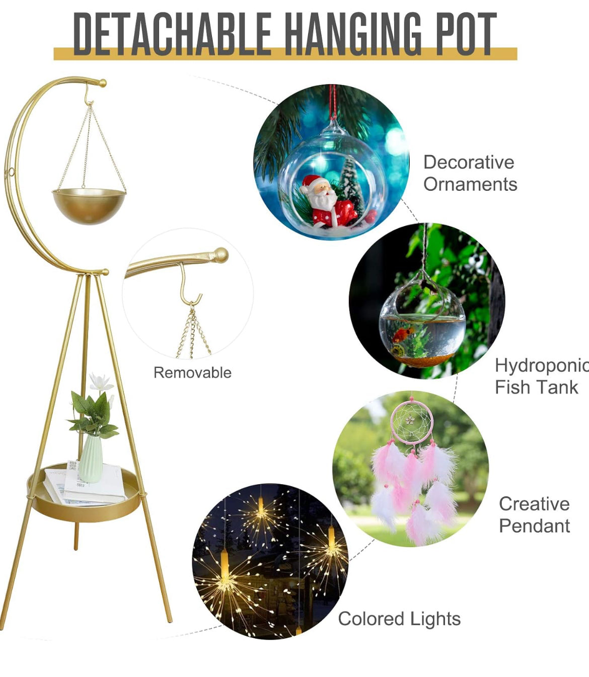 Metal Plant Stand, 2 Tier Plant Holder with Hanging Planters for Indoor Outdoor