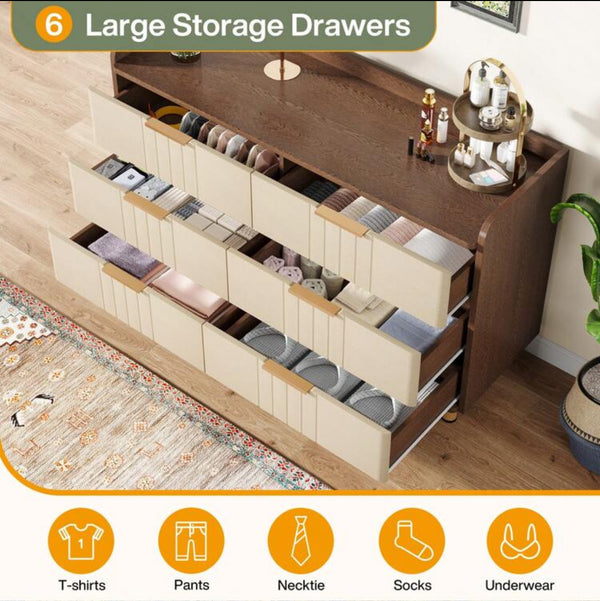 Tribesigns 6-Drawer Double Dresser, Modern Storage Organizer With Gold Accents, Wooden Chest Of Dresser With Sturdy Legs, Suitable For Bedroom Or Living Room, Brown & Oak