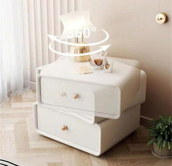 Cream Style Sugar All Solid Wood Bedside Table, Light Luxury Leather Rotatable Storage Cabinet, Modern And Simple Bedroom Rounded Light Luxury Leather Bedside Table