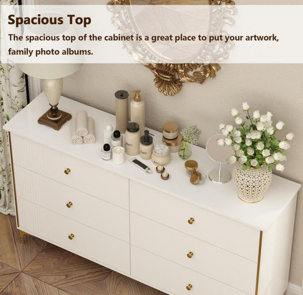 White Lacquer Dresser 6 Drawer Dresser With Metal Handle And Legs