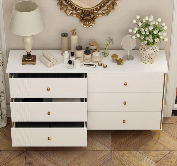 White Lacquer Dresser 6 Drawer Dresser With Metal Handle And Legs