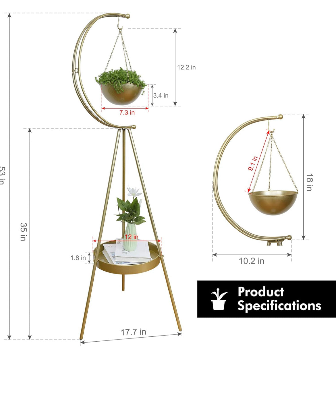 Metal Plant Stand, 2 Tier Plant Holder with Hanging Planters for Indoor Outdoor