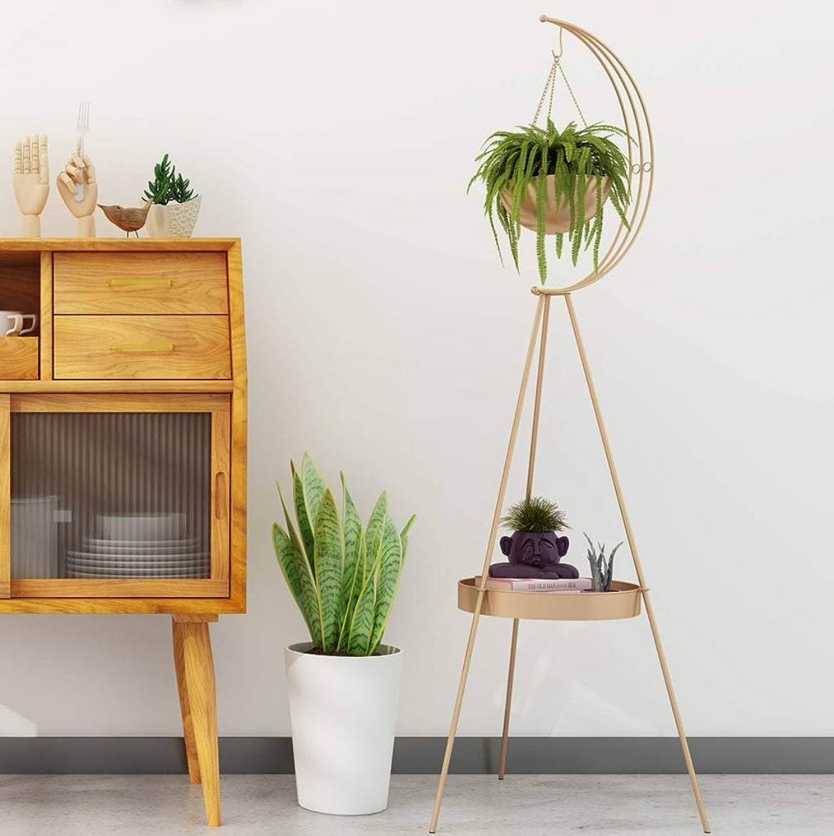 Metal Plant Stand, 2 Tier Plant Holder with Hanging Planters for Indoor Outdoor